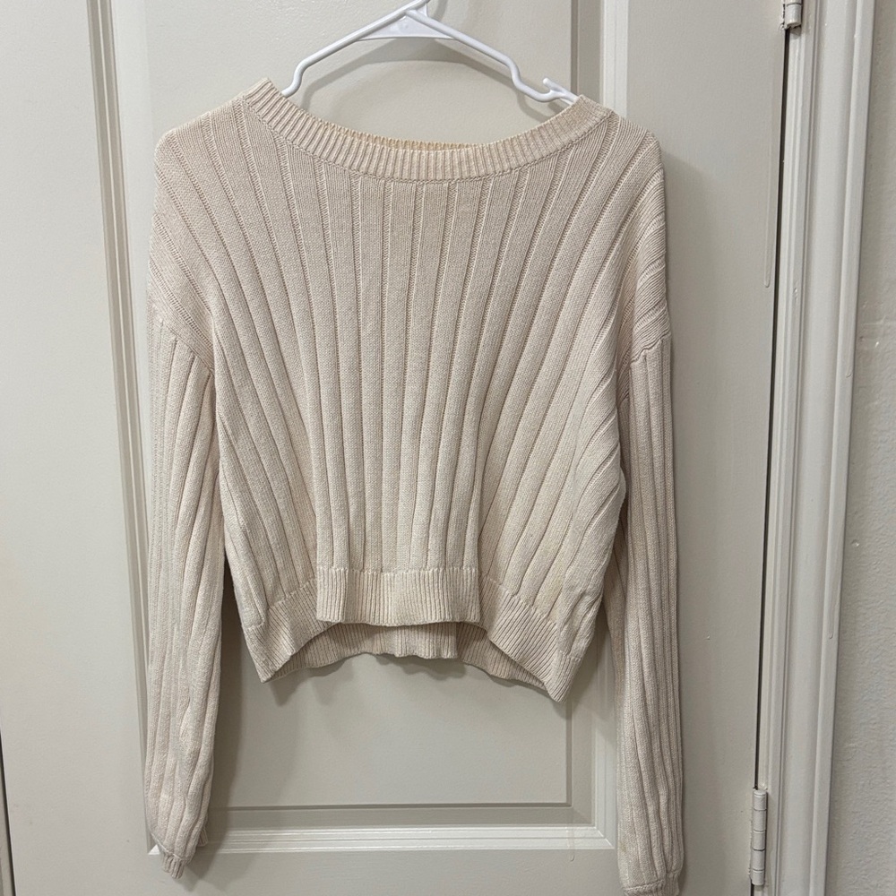 La Hearts Cream Ribbed Crew Neck Sweater